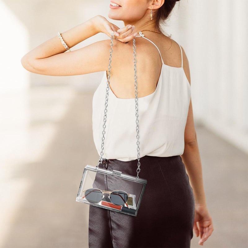 WJCD Women Clear Purse Acrylic Box Clutch Handbag, Small Transparent Crossbody Evening Bag Stadium Approved Gold Chain Strap (Silver) - Image 5